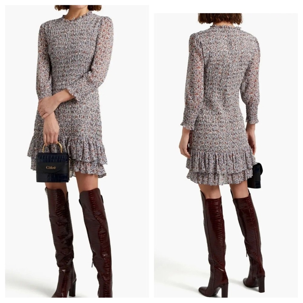 Veronica Beard Farha Smocked Mini Dress in Ecru Multi Floral Size 4 NWT